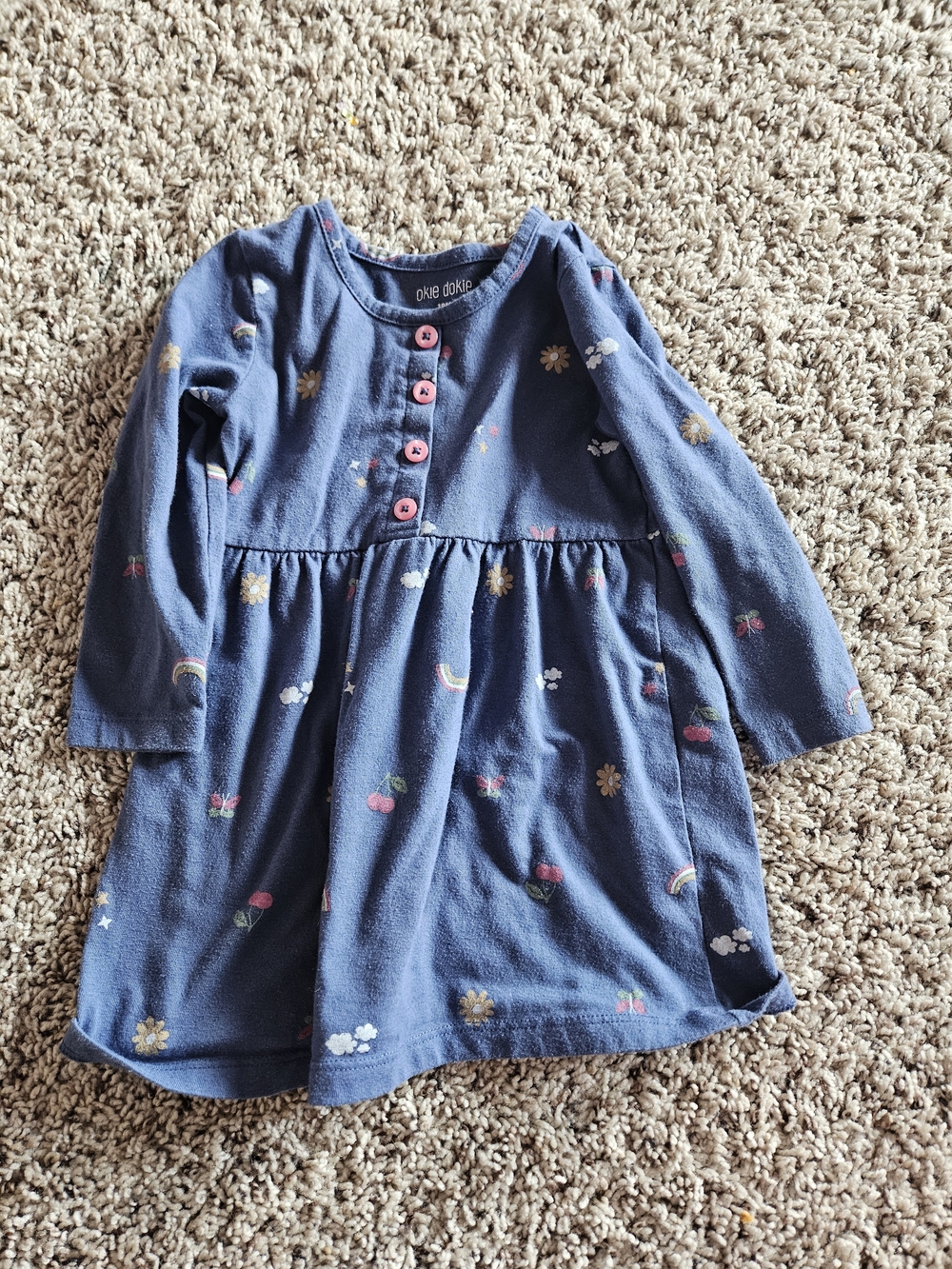 okie dokie Navy Blue Long-Sleeve Dress with Pink Buttons & Multicolor Prints